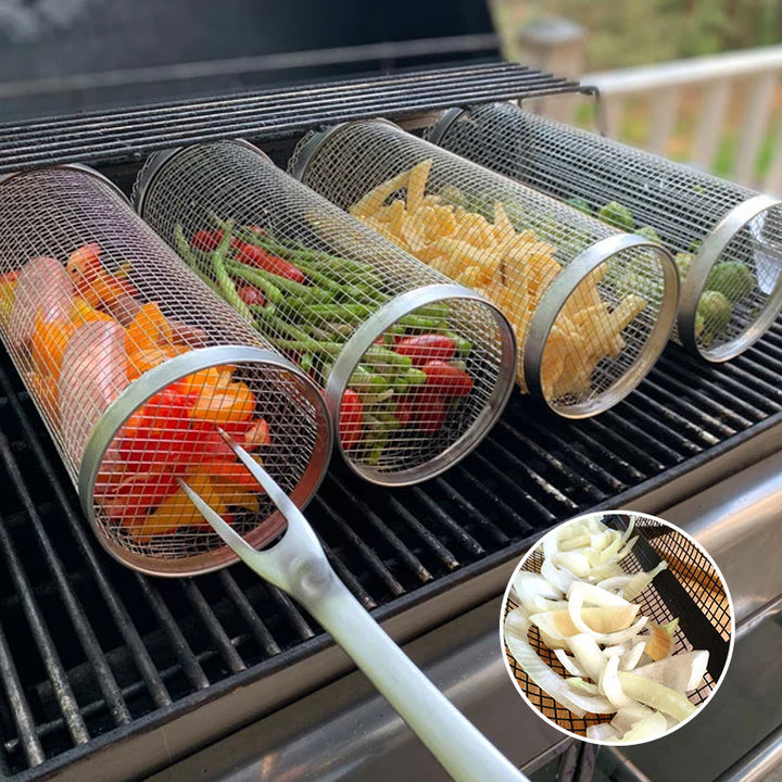 Stainless steel BBQ grill basket for grilling vegetables, meat, and fish outdoors.