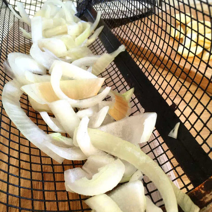 Stainless steel mesh grill basket, preventing small foods from falling through grill grates.