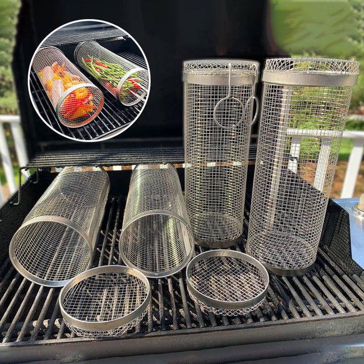 Versatile stainless steel outdoor cooking basket, ideal for grilling a variety of foods.