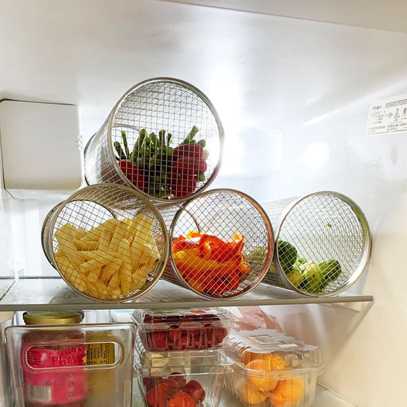Close-up of stainless steel bbq basket with small holes, suitable for grilling delicate items.