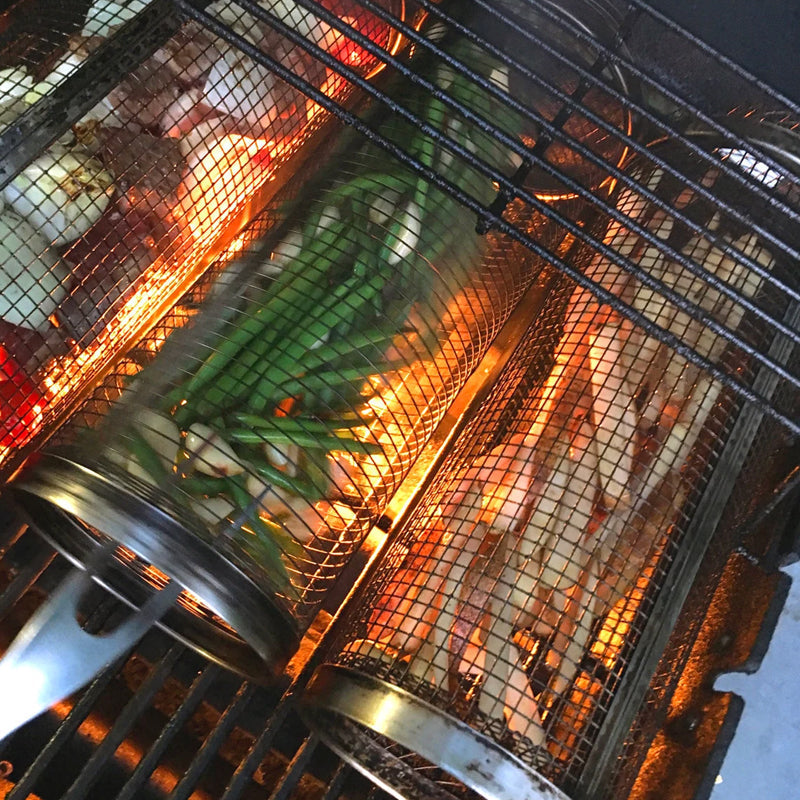 Food-grade stainless steel BBQ basket, an essential outdoor cooking and grilling accessory.