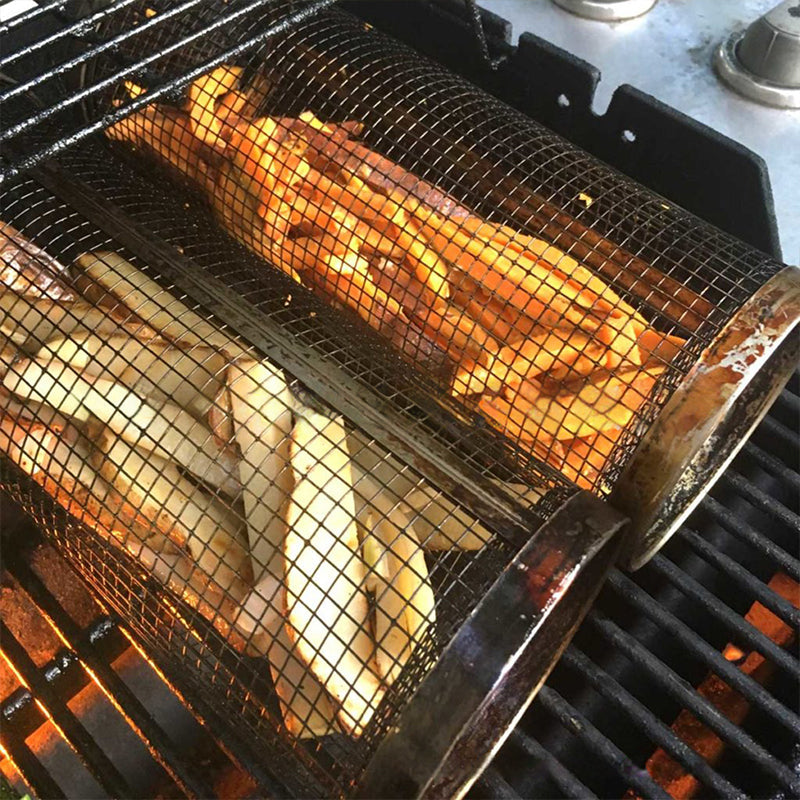 Compact stainless steel bbq basket, a convenient kitchen gadget for small outdoor grills.