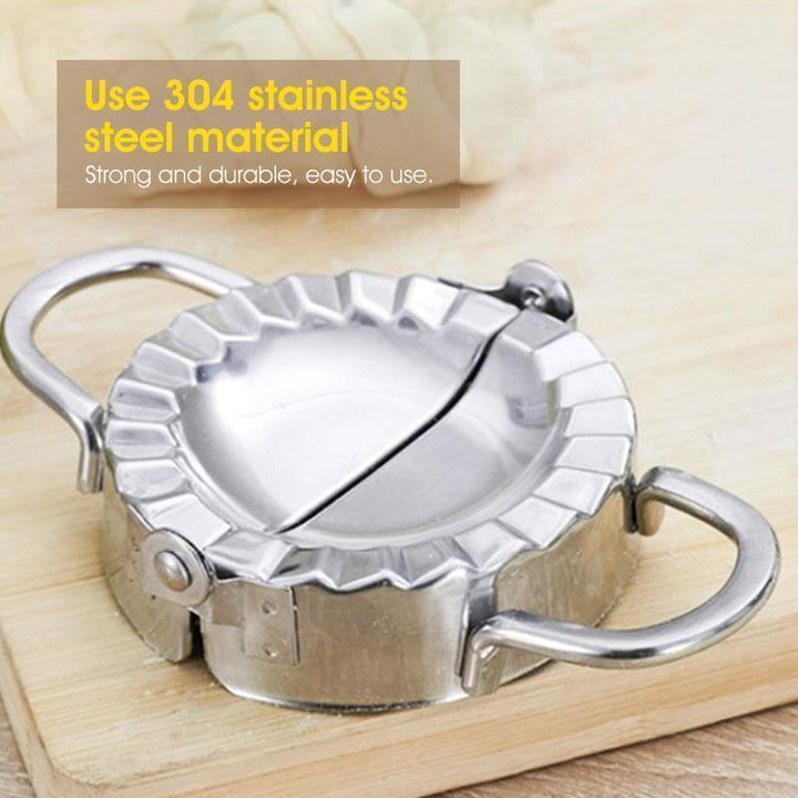 Close-up of a stainless steel dumpling press, a durable kitchen gadget for easy cooking