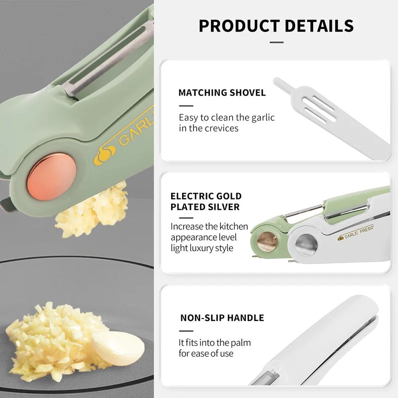 Long-lasting stainless steel garlic press, reliable kitchen cooking tool.