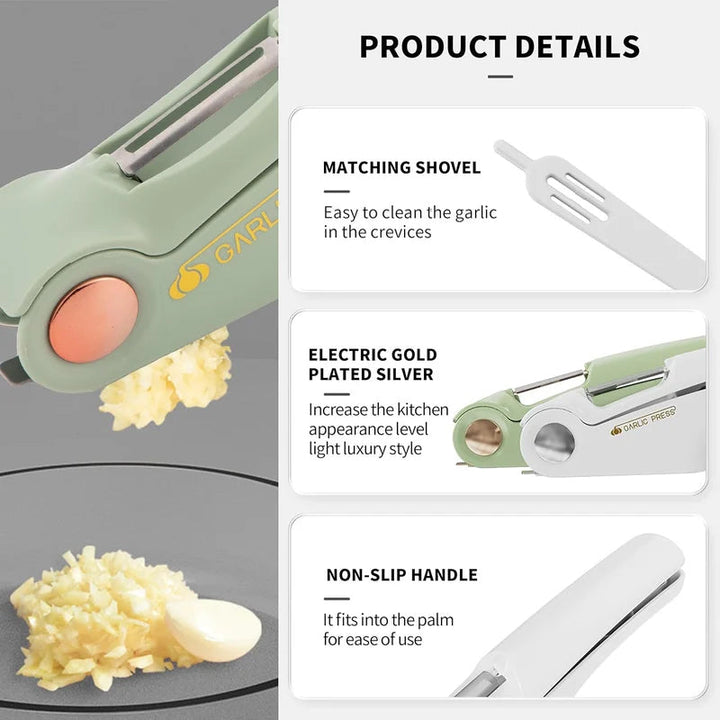Long-lasting stainless steel garlic press, reliable kitchen cooking tool.