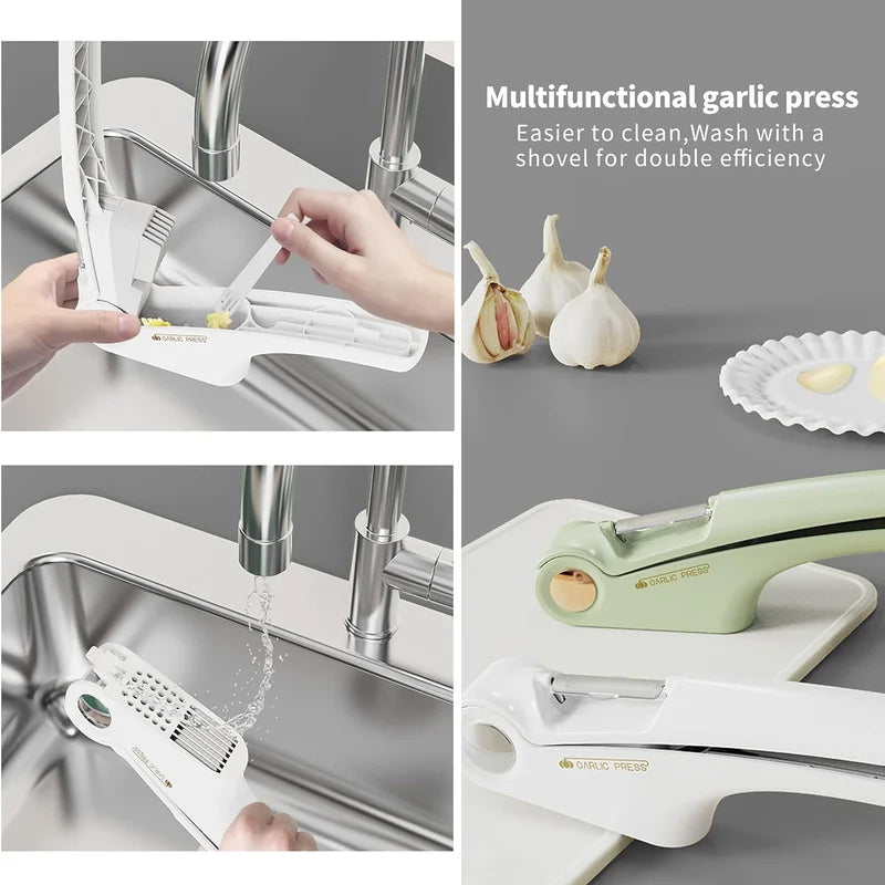 Versatile stainless steel garlic press, essential for various kitchen tasks.