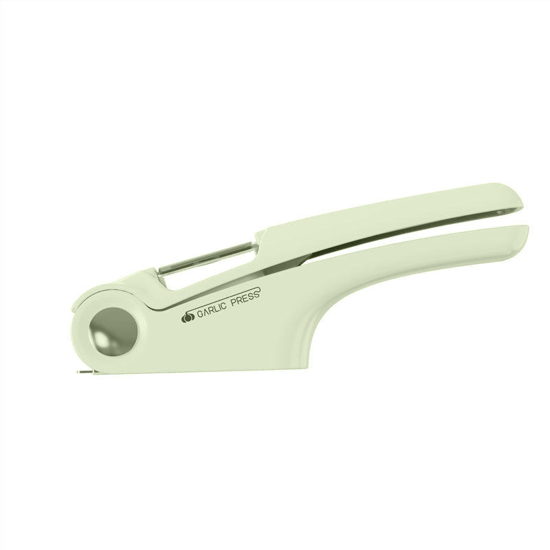 Sturdy stainless steel garlic press, a key kitchen tool for everyday cooking.