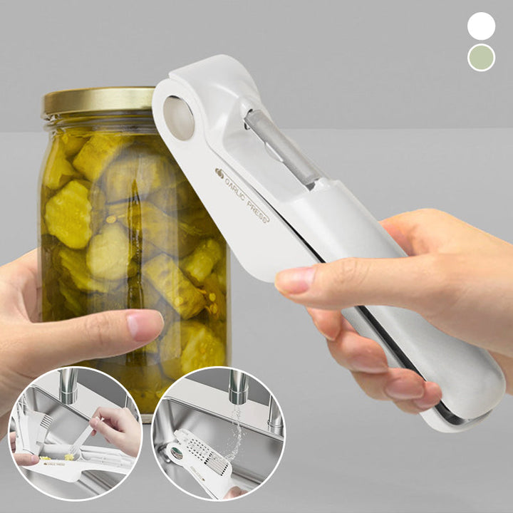 Garlic press with comfortable handle, essential stainless steel cooking tool.