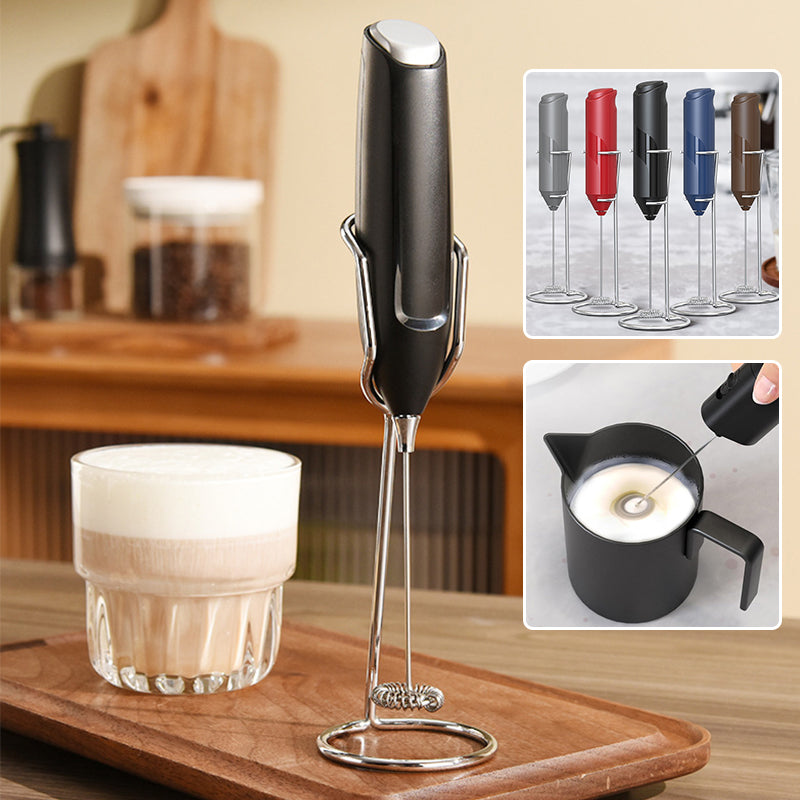 Stainless steel handheld milk frother with stand, perfect for coffee and hot beverages