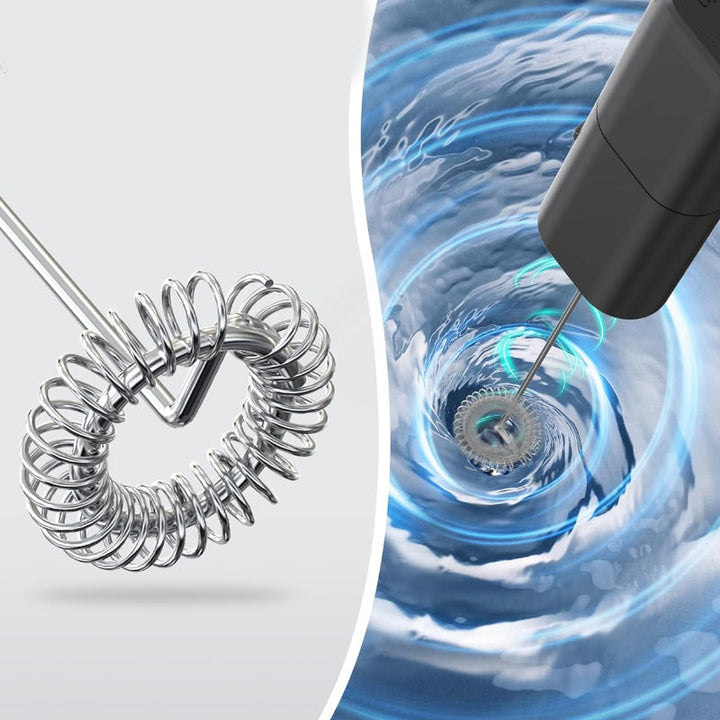 Stainless steel handheld frother designed for quick and easy milk foaming, includes stand