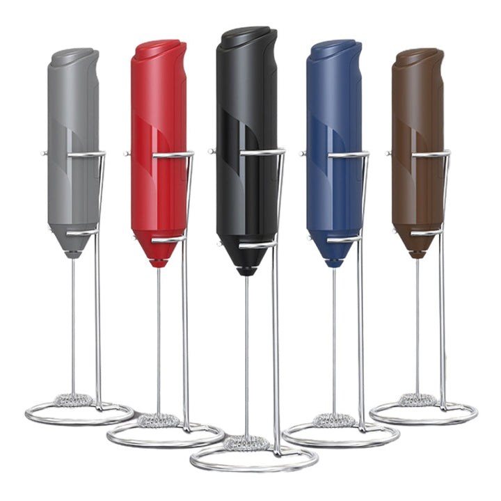 Stylish handheld milk frother appliance, complete with a stand for easy storage