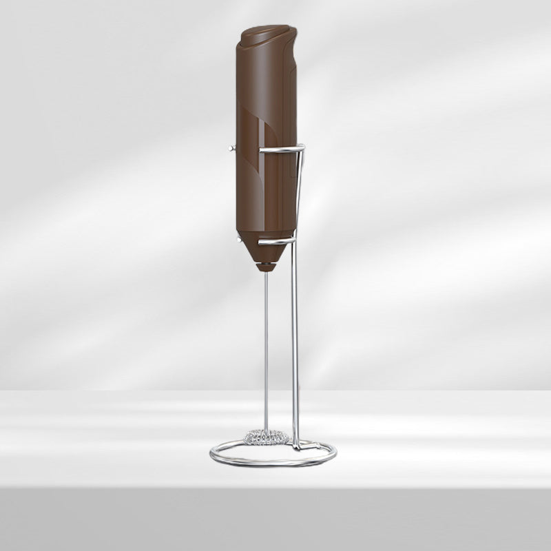 Handheld beverage frother, stainless steel construction with a functional display stand
