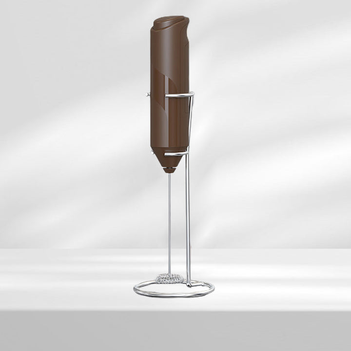 Handheld beverage frother, stainless steel construction with a functional display stand