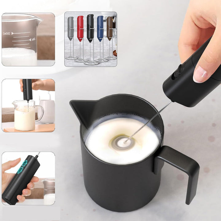 Universal handheld milk frother on its stand, a sleek kitchen appliance for milk foaming