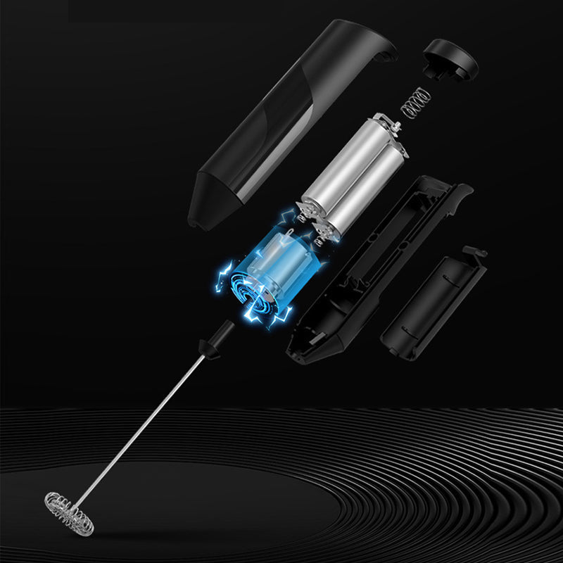 Close-up of a handheld milk frother, highlighting its stainless steel design and whisk