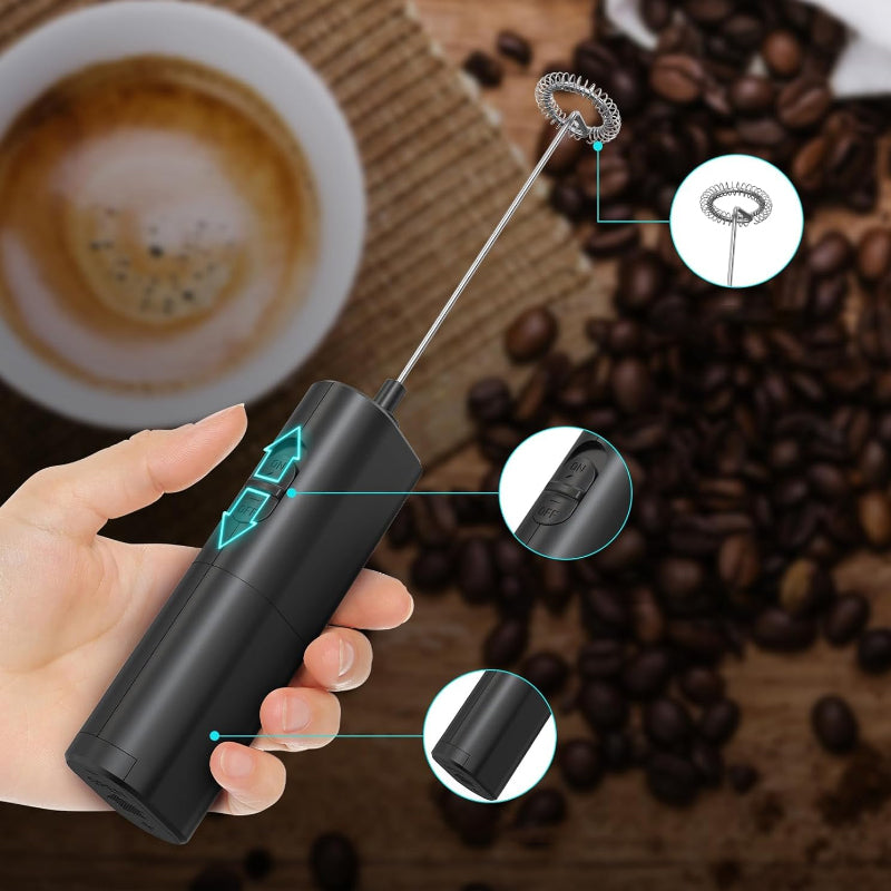 Ergonomic handheld frother for milk, shown with its stable stand for kitchen counters