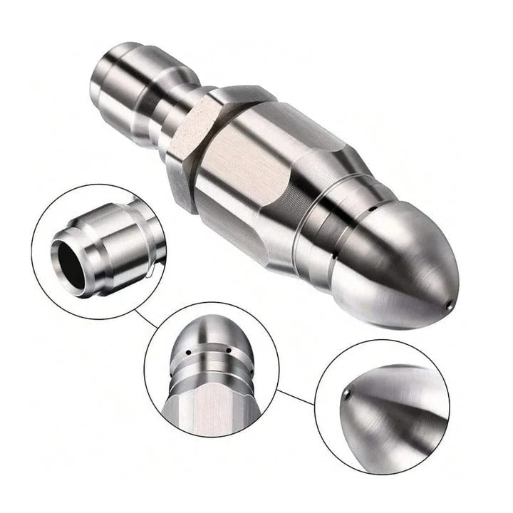 Durable stainless steel high pressure nozzle for sewer jetting. Ideal for pipe cleaning & unclogging drains.