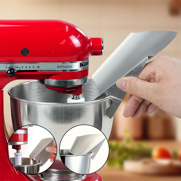 Stainless steel kitchen mixer pouring shield for clean baking, prevents spills, dishwasher safe.