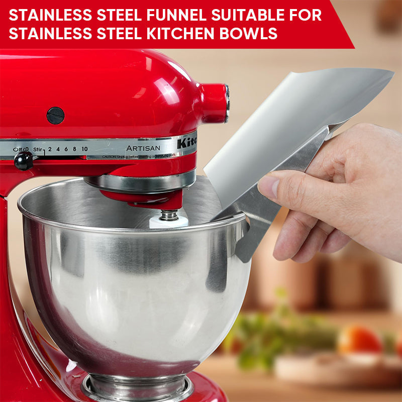 Pouring shield for stand mixer, stainless steel construction, helps keep kitchen clean.
