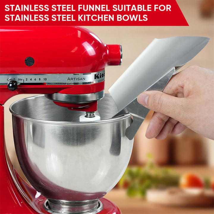 Pouring shield for stand mixer, stainless steel construction, helps keep kitchen clean.