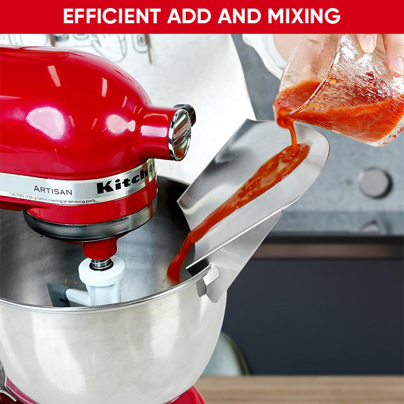 Baking gadget: stainless steel pouring shield, easy pour and mess-free mixer use.