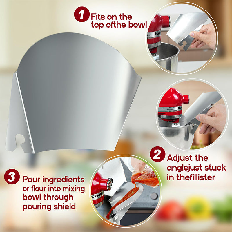 Clean pouring with stainless steel mixer shield, a must-have baking gadget.