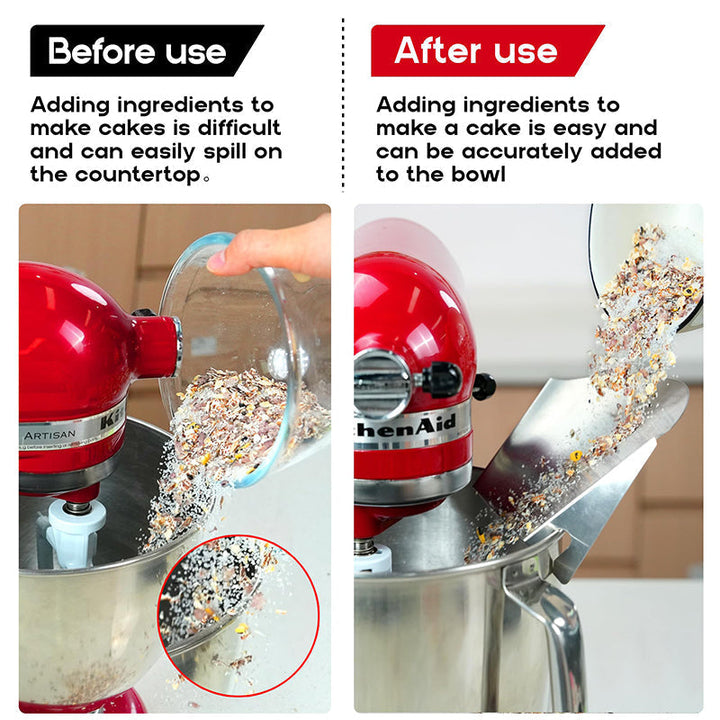 Dishwasher safe stainless steel pouring shield for kitchen mixers, easy to clean.