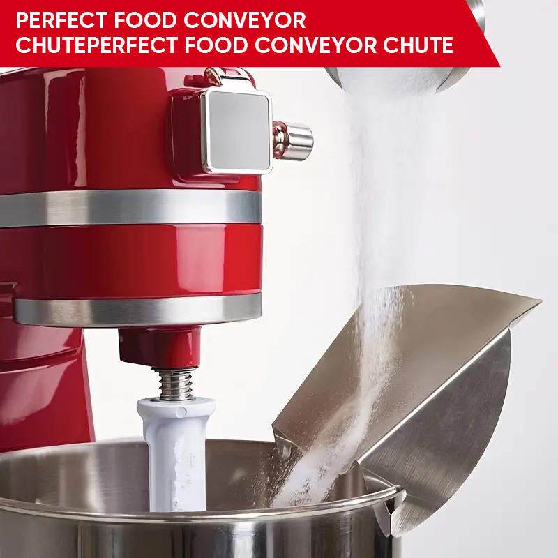 Mixer bowl pouring shield in stainless steel, prevents flour and liquid splashes.