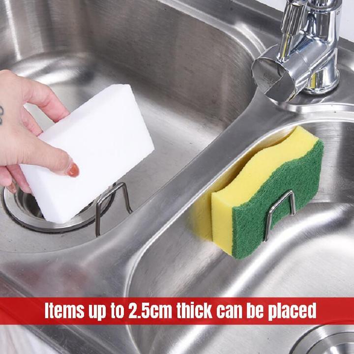 Practical self-adhesive sink caddy for sponges and scourers, enhancing kitchen hygiene