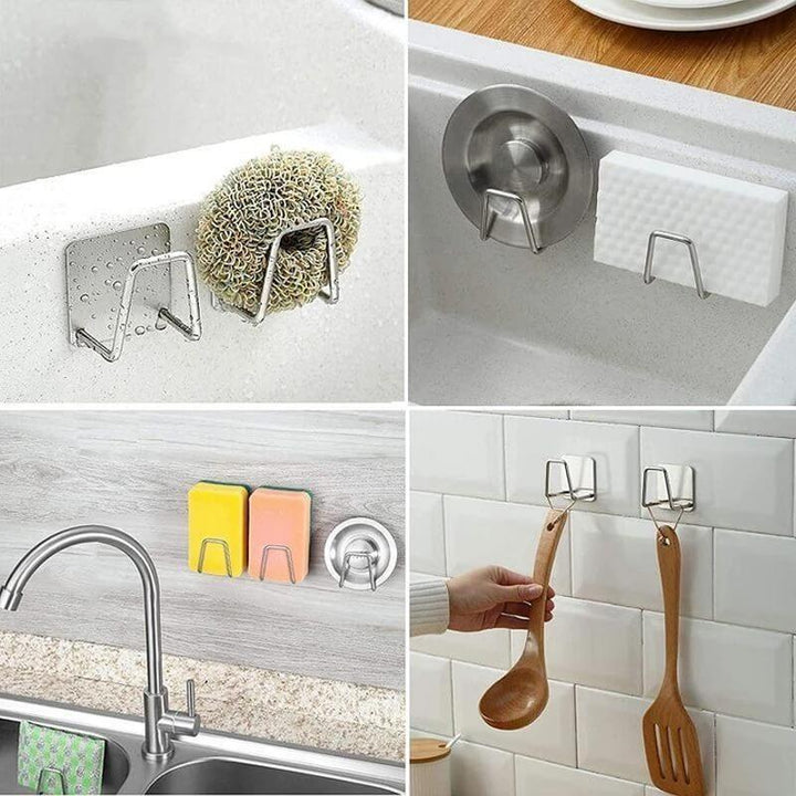 Sleek stainless steel sponge holder, ideal for small kitchen spaces and sink organization