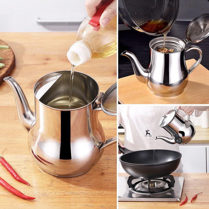 Compact and elegant stainless steel oil dispenser, a stylish addition to any kitchen countertop.