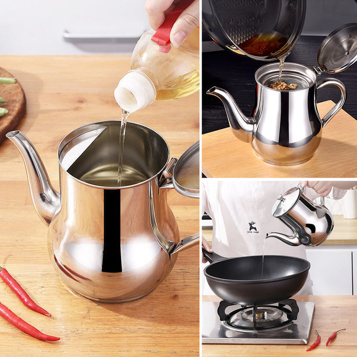 Compact and elegant stainless steel oil dispenser, a stylish addition to any kitchen countertop.