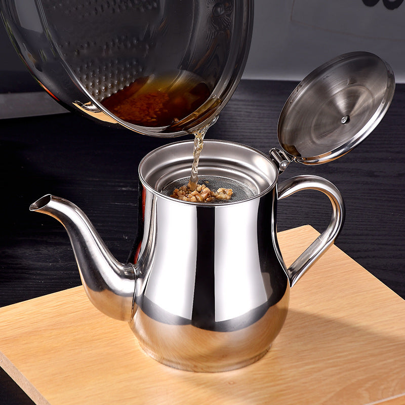 Kitchen stainless steel oil pot with filter, ideal for storing cooking oil and straining food particles.