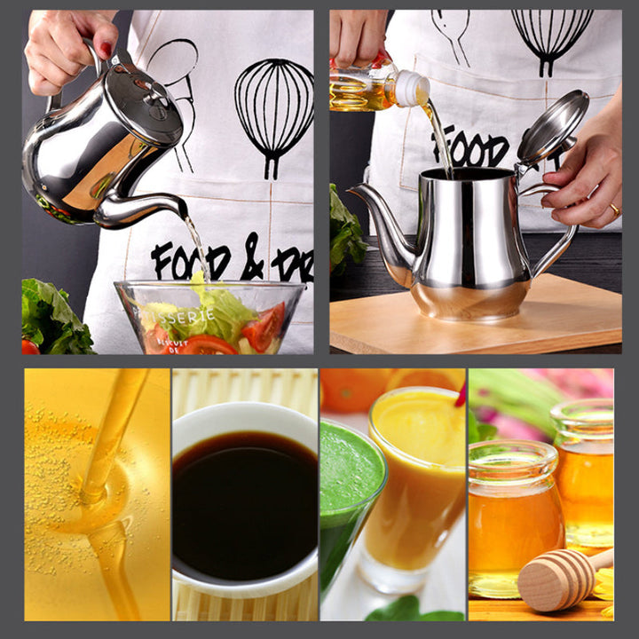 Ergonomic handle on a sleek stainless steel oil dispenser, perfect for home cooking and restaurant use.