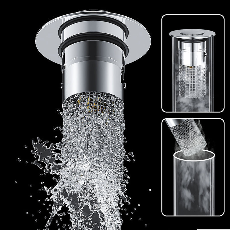 Stainless steel pop-up sink drain filter with anti-clog basket for bathroom vanity