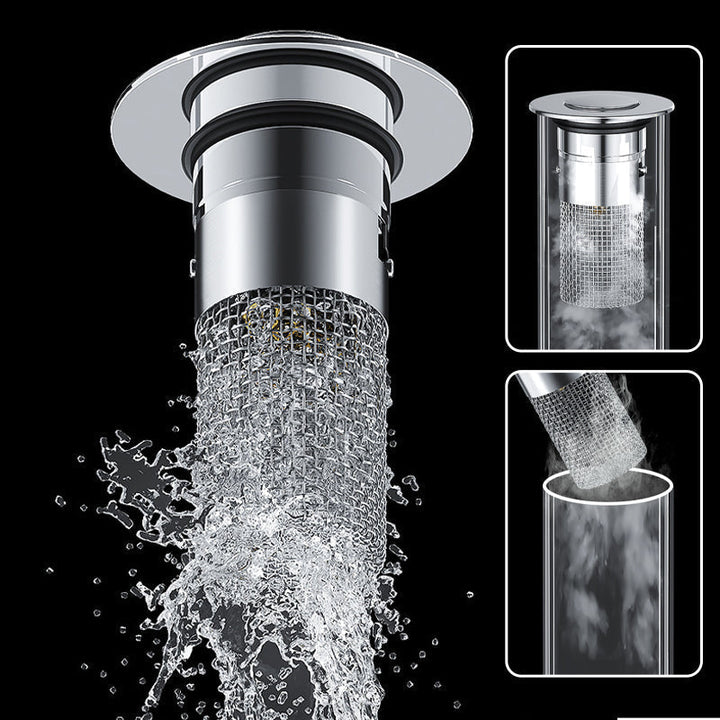 Stainless steel pop-up sink drain filter with anti-clog basket for bathroom vanity