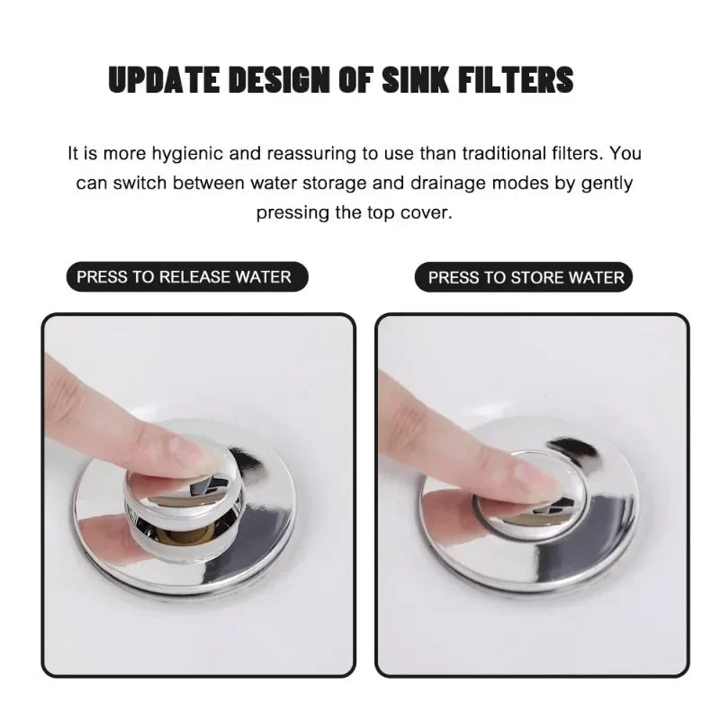 Versatile stainless steel sink drain stopper and filter, anti-clog, for kitchen and bath