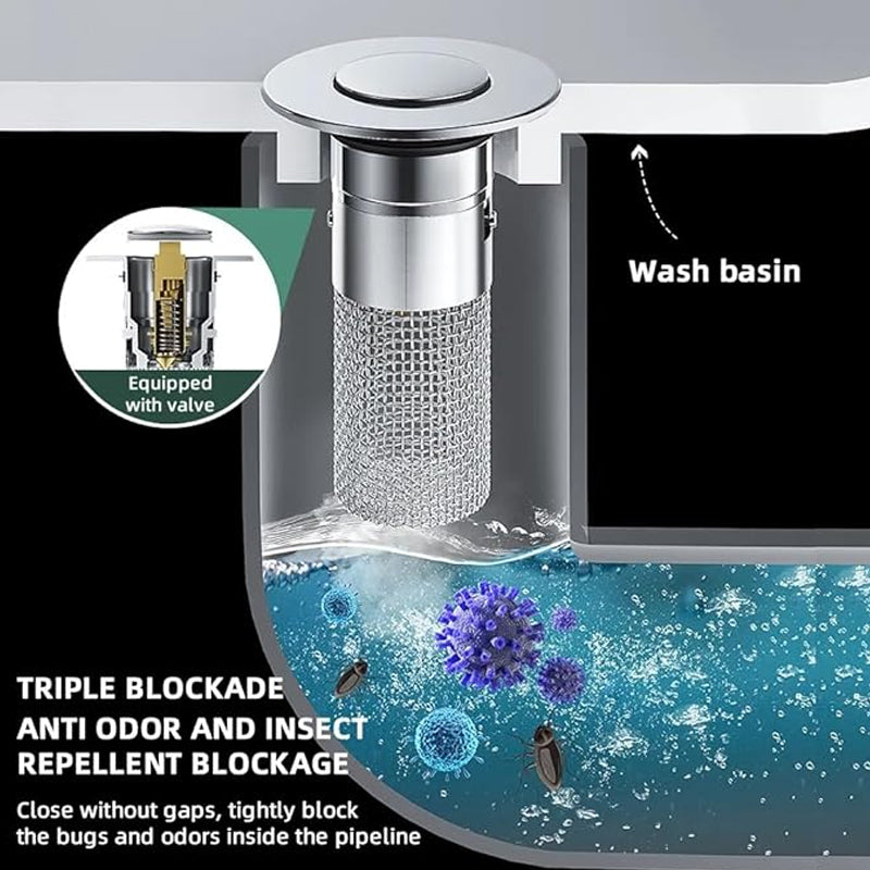 Close-up of a pop-up sink drain filter, stainless steel, showing anti-clog basket