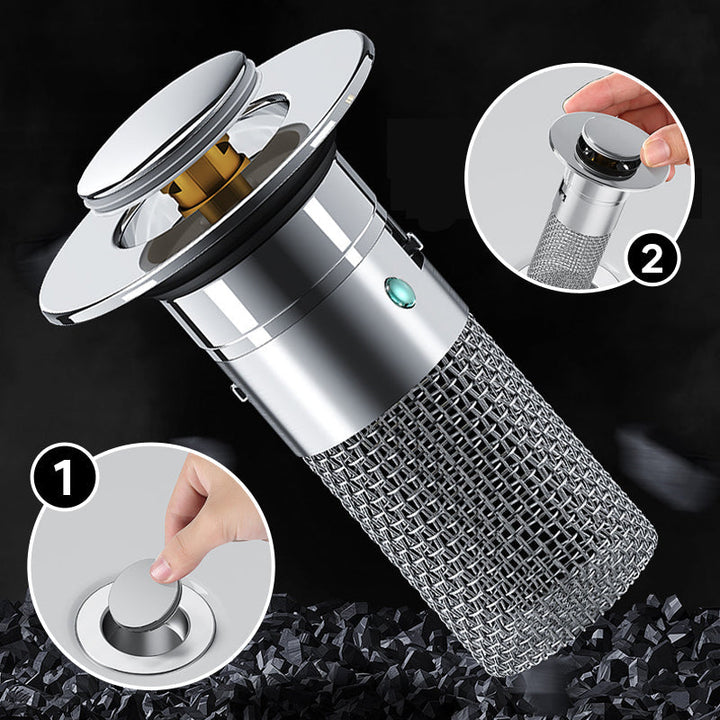 Shiny chrome-finish stainless steel drain filter, anti-clog design for bathroom sinks