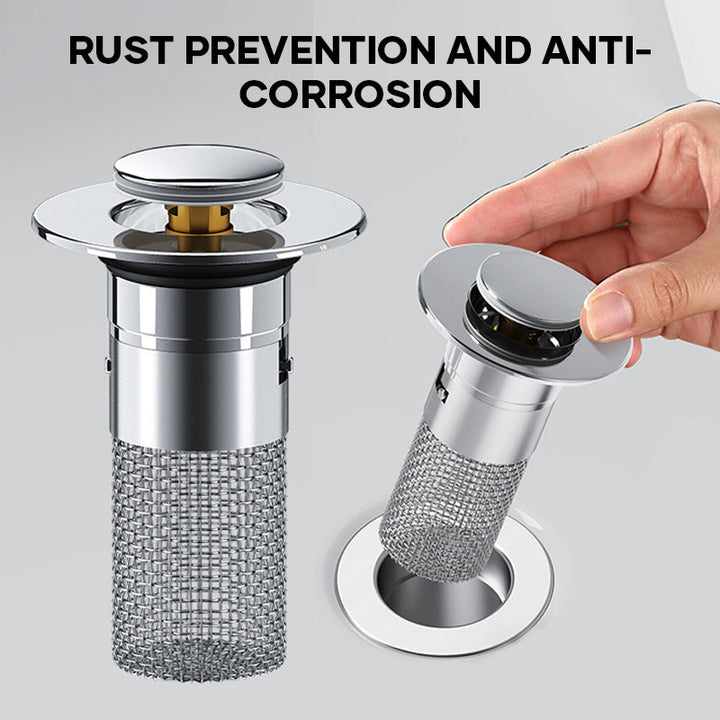 Home improvement plumbing accessory: stainless steel pop-up sink drain with anti-clog feature