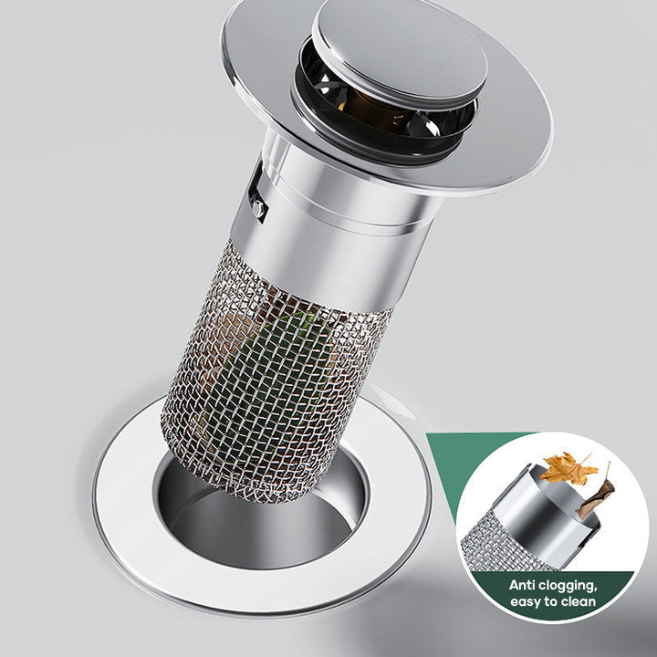 Anti-clog kitchen sink drain filter made of durable stainless steel with pop-up stopper