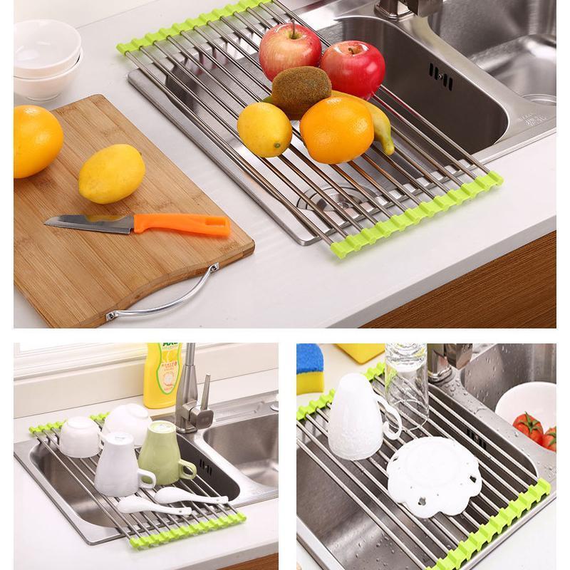 Stainless steel roll-up dish drying rack, space-saving kitchen accessory for sink, multipurpose use
