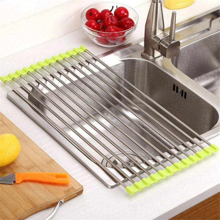 Compact roll-up dish drying rack, perfect for air-drying dishes & produce over kitchen sink