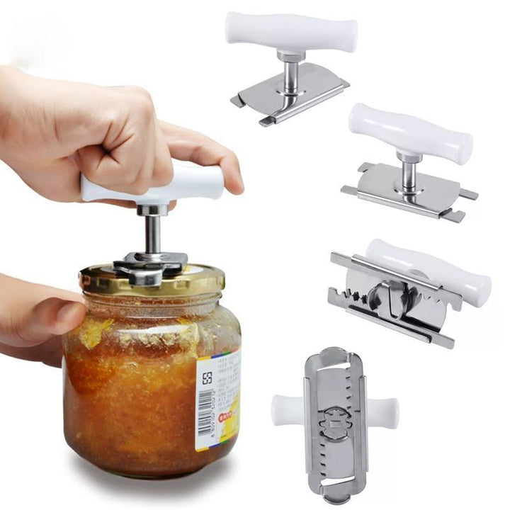 Adjustable jar opener tool in use, opening a stubborn jar lid in a kitchen setting