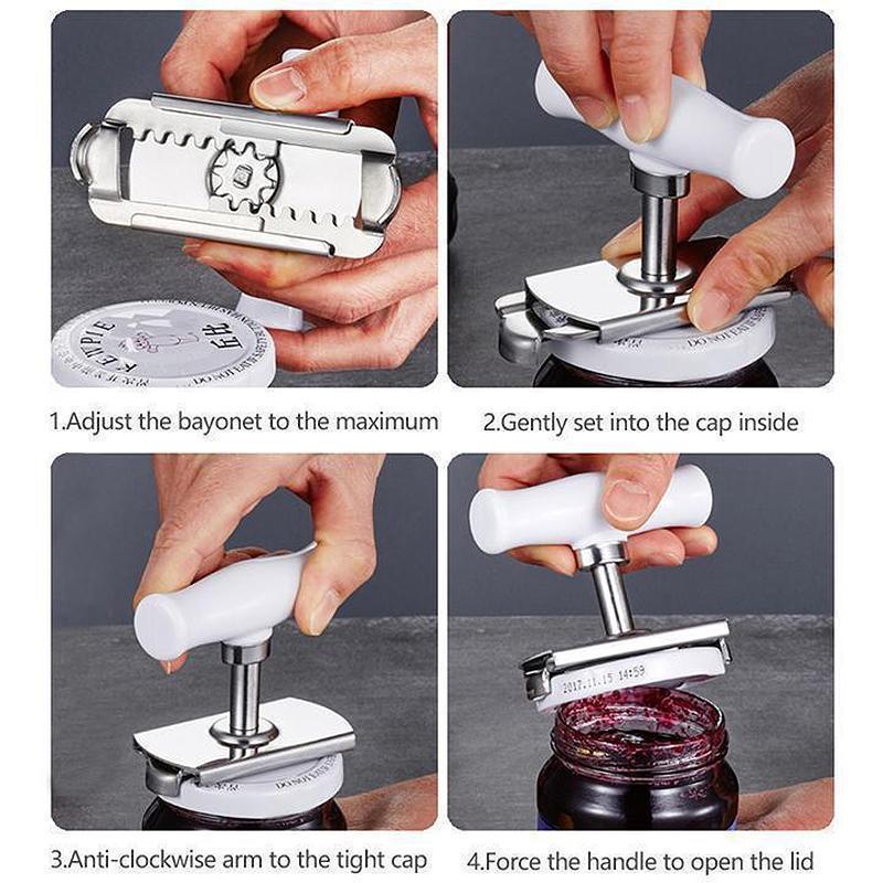 Close-up of a stainless steel jar opener, highlighting its adjustable teeth mechanism for various lids