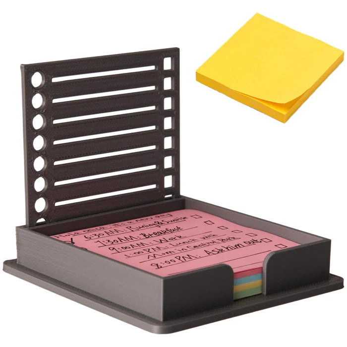 Sticky note dispenser with geometric stencil template, ideal for desk organization and productivity.