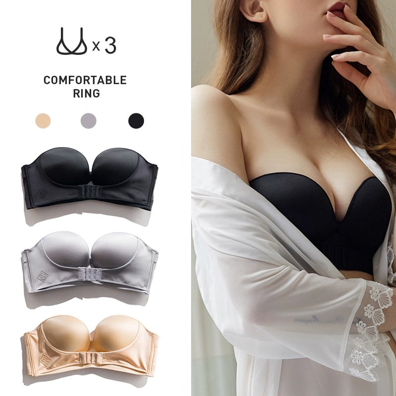 Strapless front buckle lift bra in nude, seamless design for women's comfort and support.