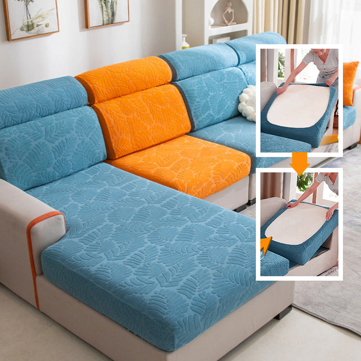 Close-up of the textured, wear-resistant fabric of a universal stretch sofa cover, perfect for home decor.