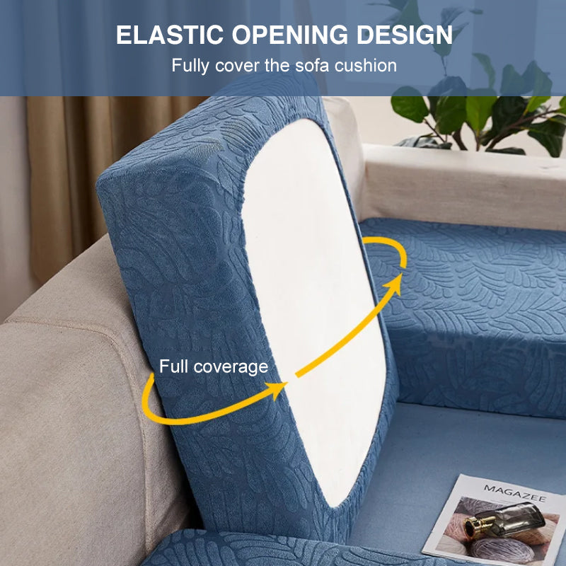 Beige stretchable furniture protector draped over a sofa, showcasing its wrinkle-resistant and durable qualities.