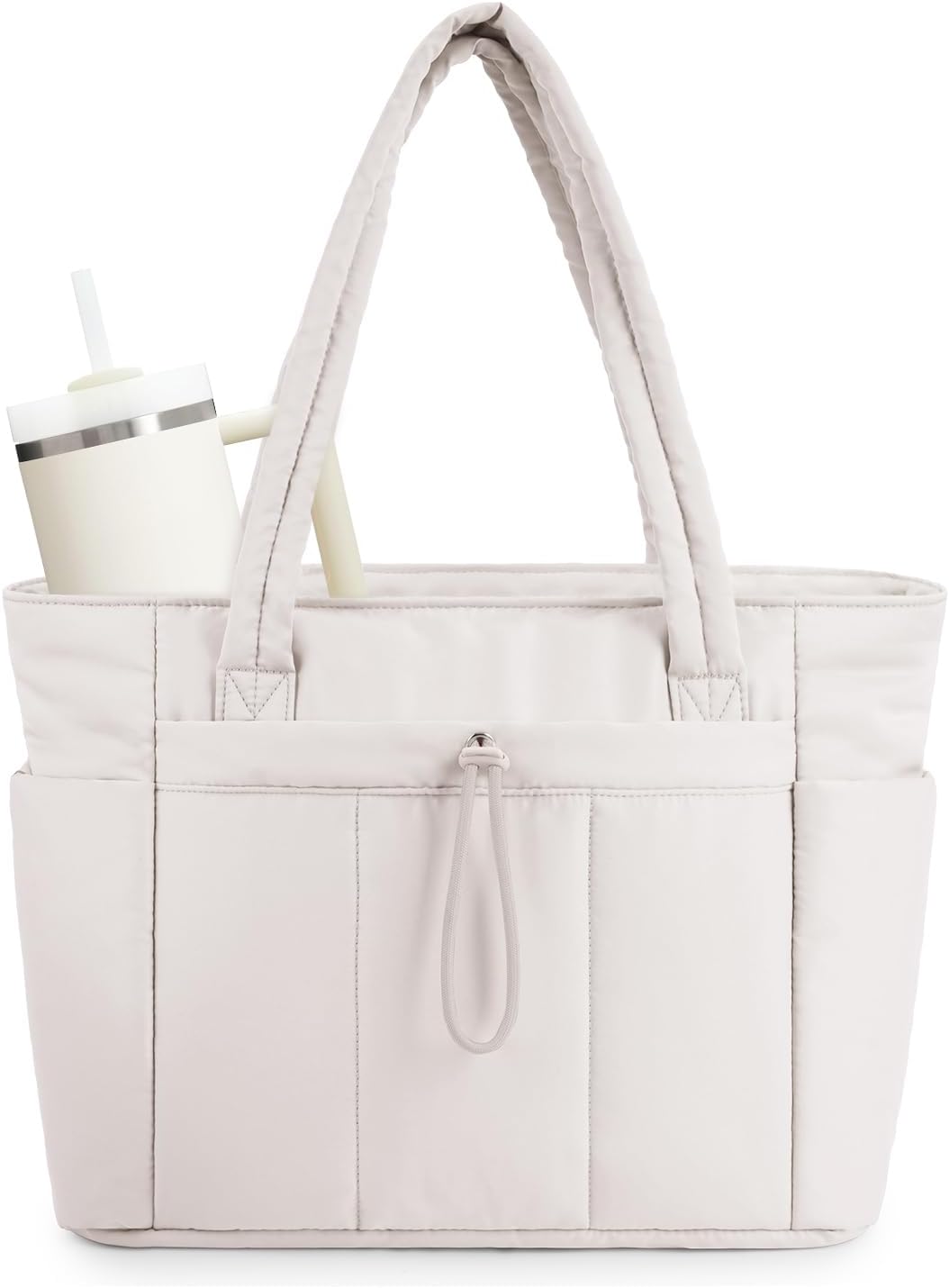 Stylish black quilted puffer tote bag for women, perfect for laptop & daily use.